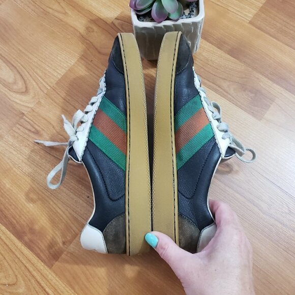 Gucci Calfskin Suede Leather Web Low Men's G74 Ardesia Black New Mystic White - Picture 2 of 14